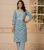 Floral Printed Straight kurti with hand work with printed pant and Dupatta..