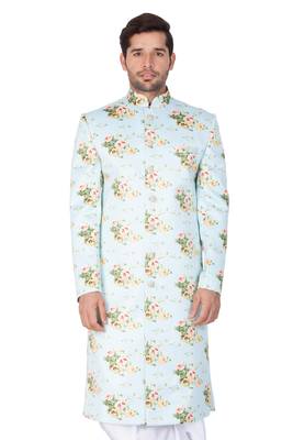 Men'S Light Green Cotton Blend Sherwani Only Top 1