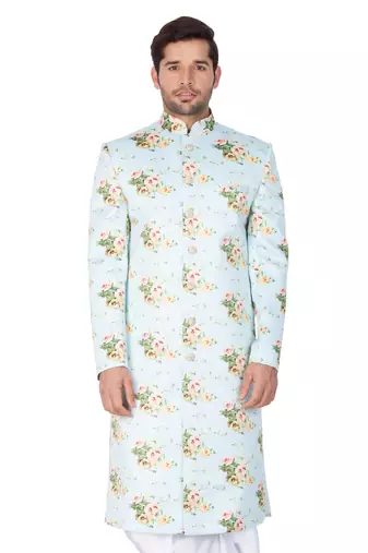 Men'S Light Green Cotton Blend Sherwani Only Top