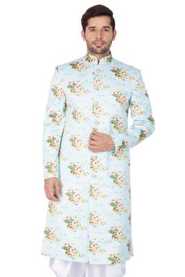 Men'S Light Green Cotton Blend Sherwani Only Top 2