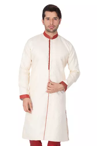 Vastramay men's beige silk blend sherwani only top
