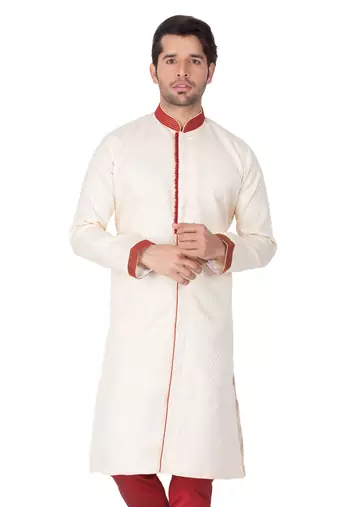 Vastramay men's beige silk blend sherwani only top