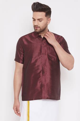 Men'S Wine Silk Blend Ethnic Shirt