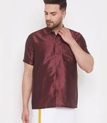Men'S Wine Silk Blend Ethnic Shirt
