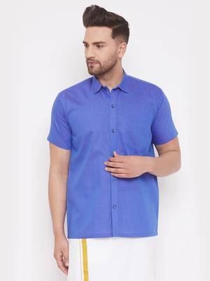 Blue Cotton Blend Ethnic Shirt 1