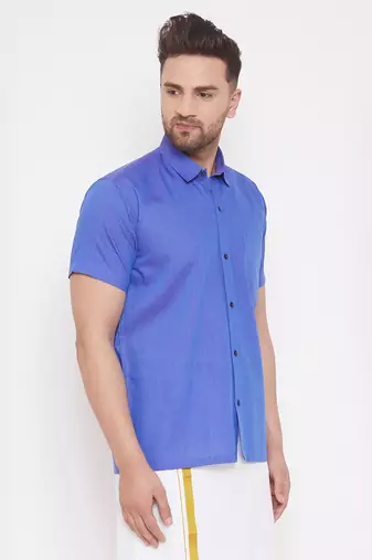 Blue Cotton Blend Ethnic Shirt