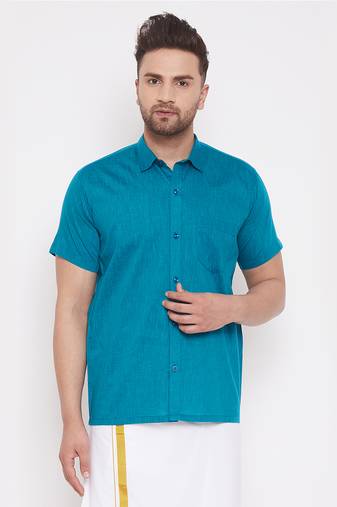 Men'S Turquoise Cotton Blend Ethnic Shirt