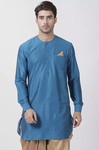 Men'S Dark Blue Cotton Blend Kurta