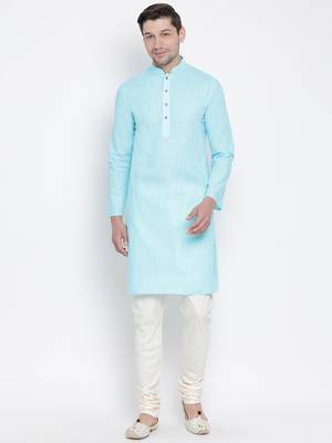 Light Blue Cotton Linen Blend Kurta Pyjama Set 1