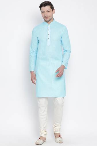 Men'S Light Blue Cotton Linen Blend Kurta Pyjama Set