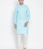 Light Blue Cotton Linen Blend Kurta Pyjama Set