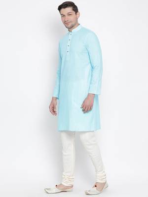 Light Blue Cotton Linen Blend Kurta Pyjama Set 2