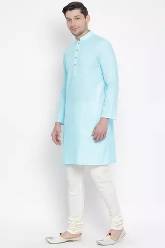 Light Blue Cotton Linen Blend Kurta Pyjama Set