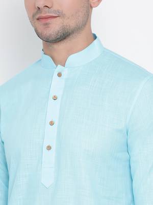Light Blue Cotton Linen Blend Kurta Pyjama Set 3