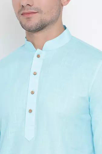 Light Blue Cotton Linen Blend Kurta Pyjama Set