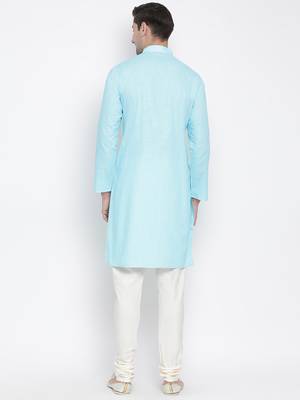 Light Blue Cotton Linen Blend Kurta Pyjama Set 4