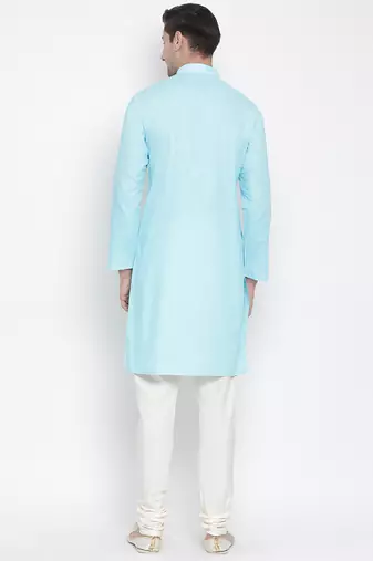 Light Blue Cotton Linen Blend Kurta Pyjama Set
