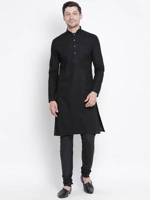 Black Cotton Linen Blend Kurta Pyjama Set 1