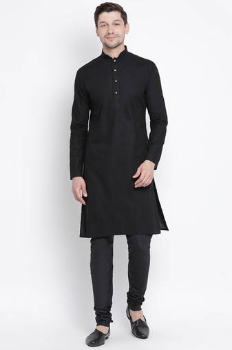 Men'S Black Cotton Linen Blend Kurta Pyjama Set