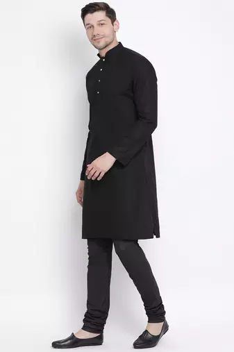 Black Cotton Linen Blend Kurta Pyjama Set