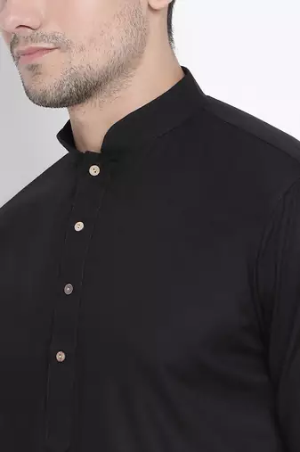 Black Cotton Linen Blend Kurta Pyjama Set