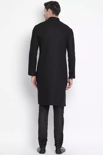 Black Cotton Linen Blend Kurta Pyjama Set