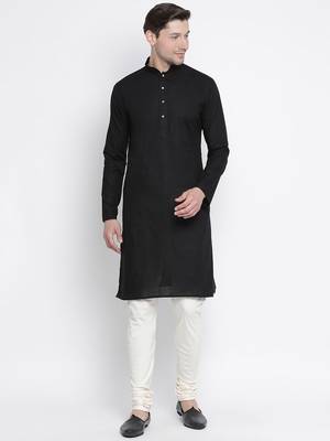 Black Cotton Linen Blend Kurta Pyjama Set 1