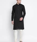 Black Cotton Linen Blend Kurta Pyjama Set