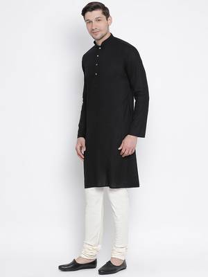 Black Cotton Linen Blend Kurta Pyjama Set 2