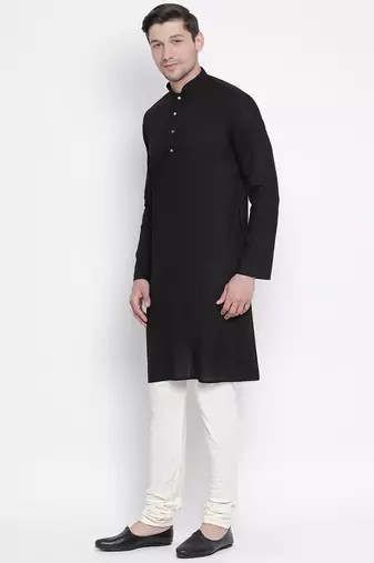 Black Cotton Linen Blend Kurta Pyjama Set