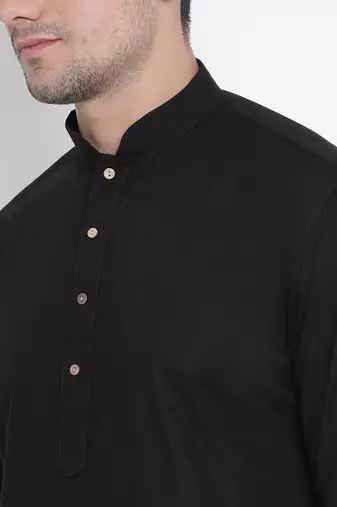Black Cotton Linen Blend Kurta Pyjama Set