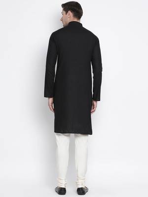 Black Cotton Linen Blend Kurta Pyjama Set 4