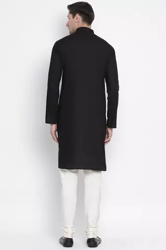 Black Cotton Linen Blend Kurta Pyjama Set