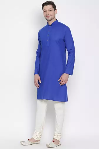  blue cotton linen blend kurta pyjama set