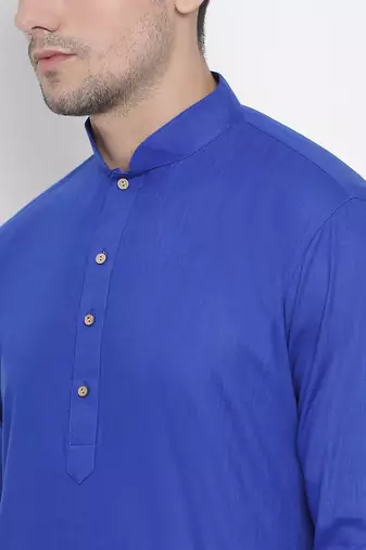  blue cotton linen blend kurta pyjama set