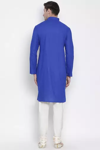  blue cotton linen blend kurta pyjama set