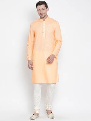  orange cotton linen blend kurta pyjama set 1