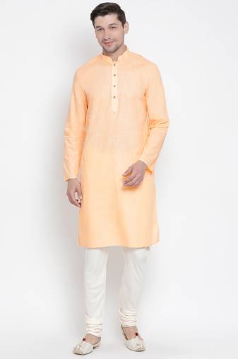  men's orange cotton linen blend kurta pyjama set