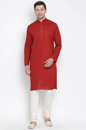 Men'S Maroon Cotton Linen Blend Kurta Pyjama Set