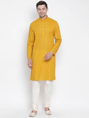 Yellow Cotton Linen Blend Kurta Pyjama Set 1