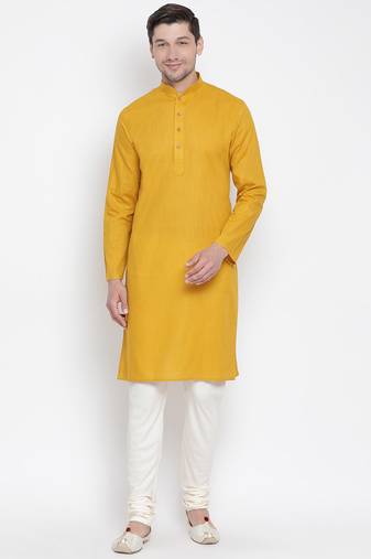 Men'S Yellow Cotton Linen Blend Kurta Pyjama Set