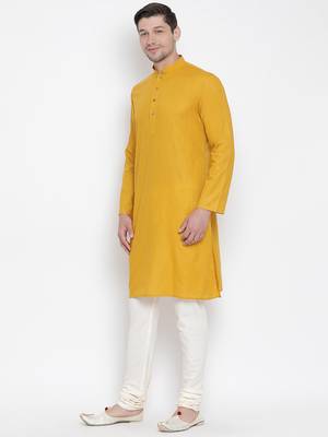 Yellow Cotton Linen Blend Kurta Pyjama Set 2