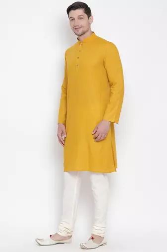 Yellow Cotton Linen Blend Kurta Pyjama Set