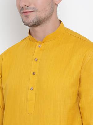 Yellow Cotton Linen Blend Kurta Pyjama Set 3