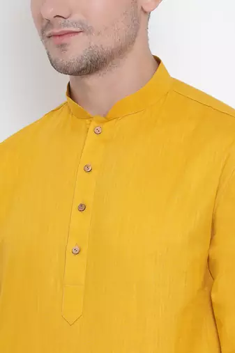 Yellow Cotton Linen Blend Kurta Pyjama Set