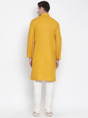 Yellow Cotton Linen Blend Kurta Pyjama Set 4