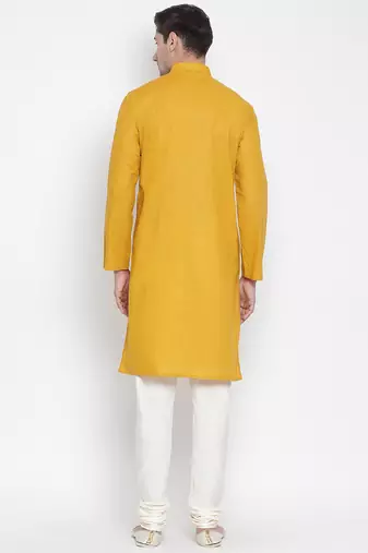 Yellow Cotton Linen Blend Kurta Pyjama Set