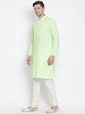 Light Green Cotton Linen Blend Kurta Pyjama Set 2