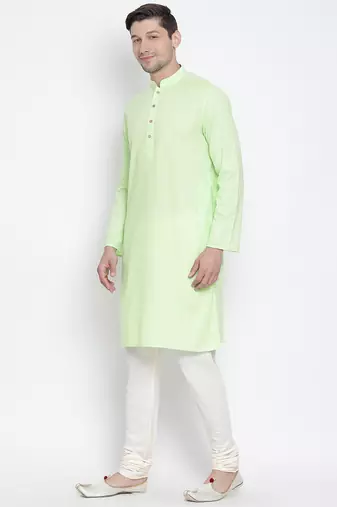 Light Green Cotton Linen Blend Kurta Pyjama Set