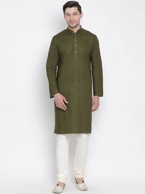 Green Cotton Linen Blend Kurta Pyjama Set 1